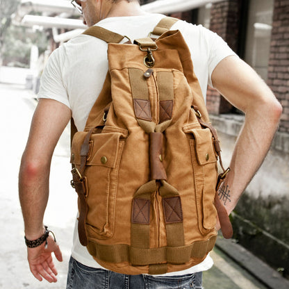 Khaki CANVAS Barrel MENS 20'' Bucket BACKPACK Brown Travel Backpack Khaki One Shoulder Hiking Bag For Men FOR MEN