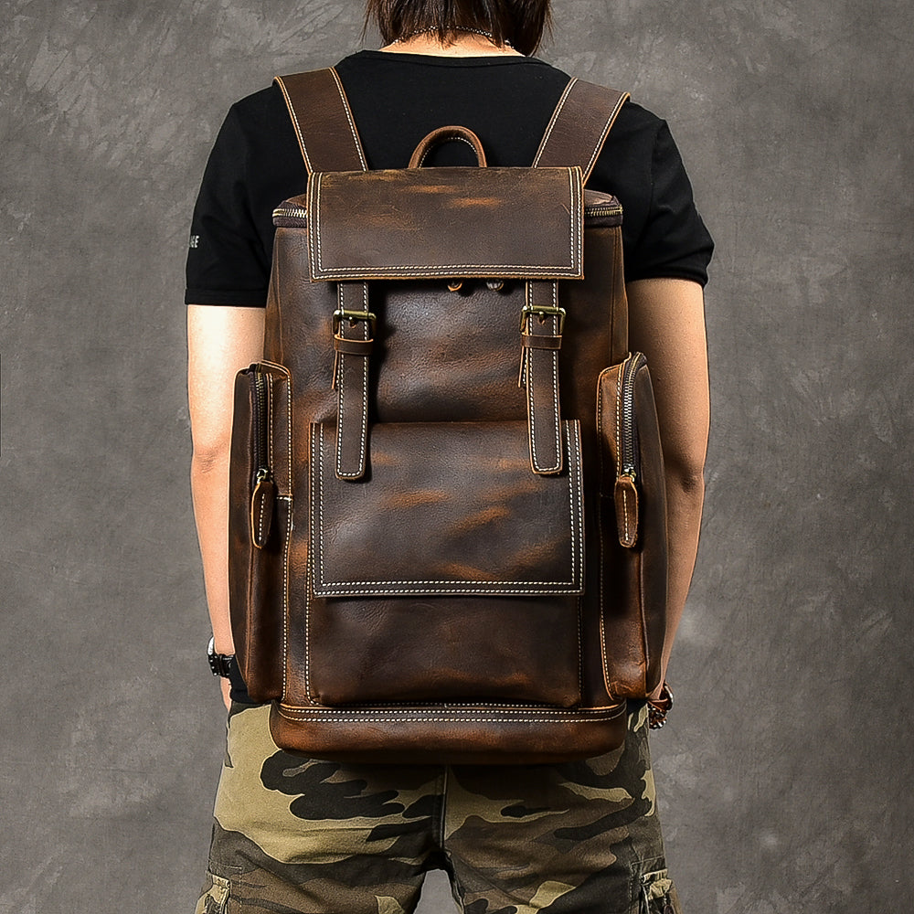 Brown Leather Mens 15' Laptop Backpack Travel Backpack Coffee College Backpack for Men