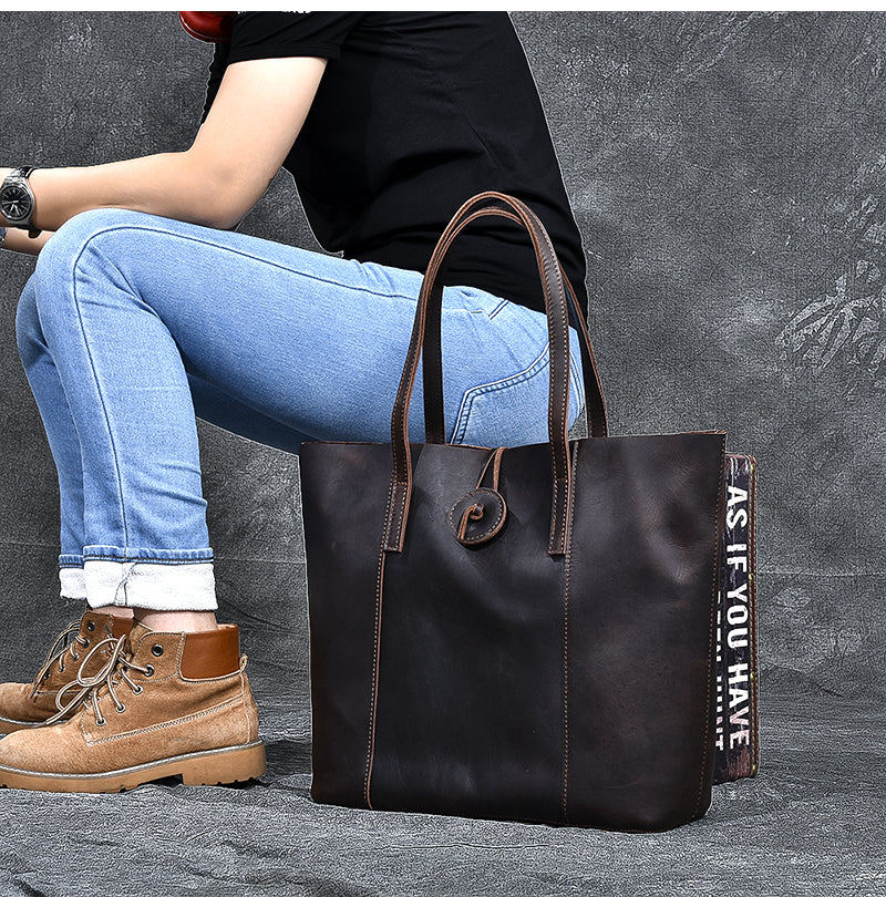 Leather Mens Womens 13' Large Shoulder Bag Vintage Coffee Tote Bag Large Side Bag For Men