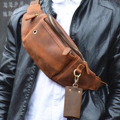 Black Mens Leather Fanny Pack Bum Bag for Men Casual Waist Bags for Men