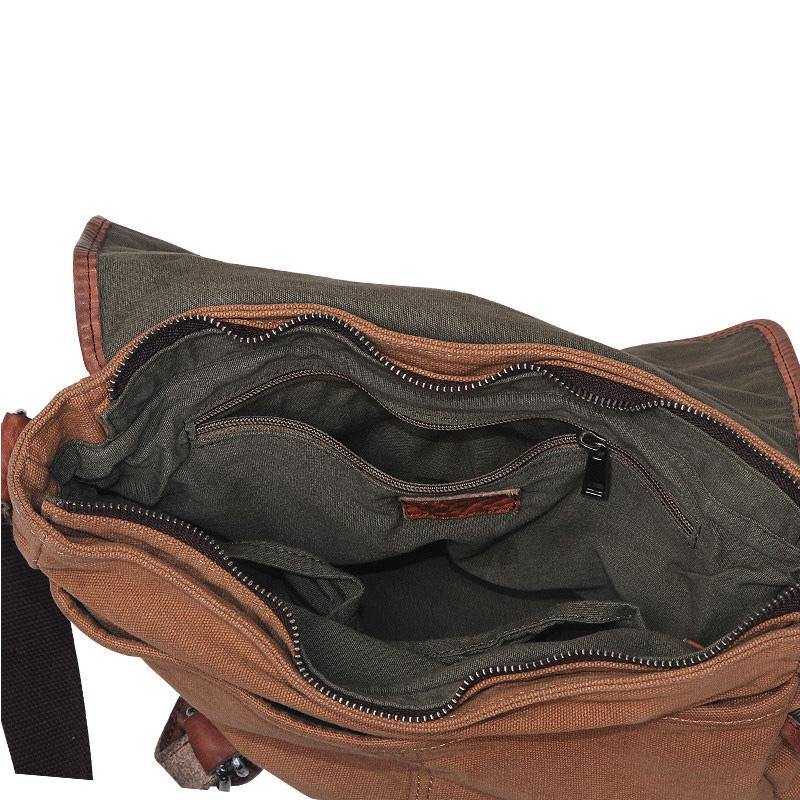 Khaki Canvas Leather Mens Coffee Side Bag Messenger Bag Khaki Canvas Courier Bag for Men