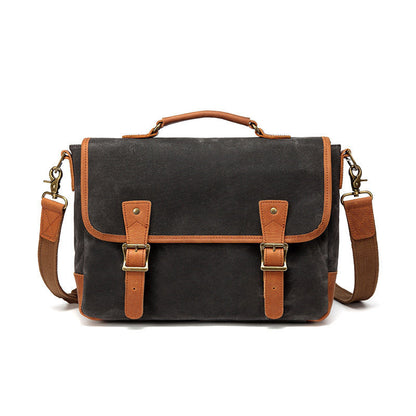 Dark Gray Waxed Canvas Leather Mens Briefcase Side Bag Messenger Bags Casual Courier Bag for Men