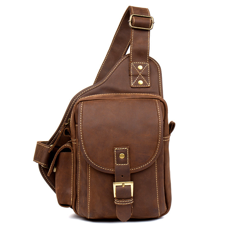 Casual Brown Leather Mens Sling Packs Sling Bag Chest Bag One Shoulder Backpack for Men