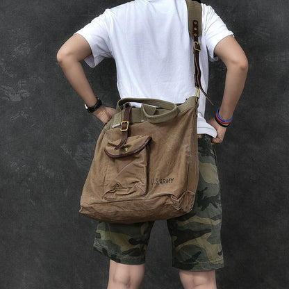 Washed Canvas Leather Mens 15'' Army Green Tote Bag Handbag Tote Bag Light Coffee Shoulder Bag Tote Purse For Men