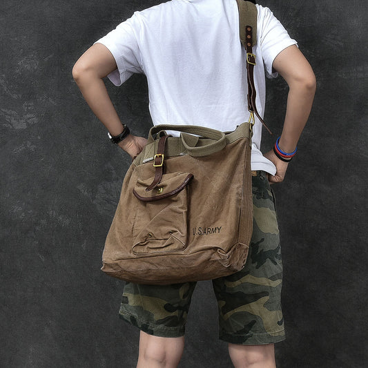 Washed Canvas Leather Mens 15'' Army Green Tote Bag Handbag Tote Bag Light Coffee Shoulder Bag Tote Purse For Men