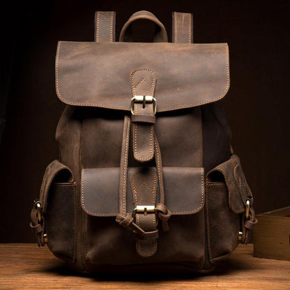 Casual Dark Brown Leather Mens 12 inches Laptop Backpack Leather school Backpack for Men