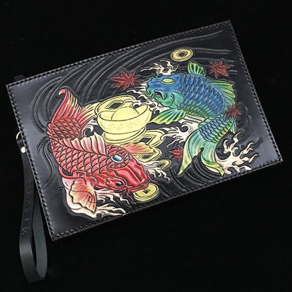 Black Handmade Tooled Leather Double Carps Clutch Wallet Wristlet Bag Clutch Purse For Men