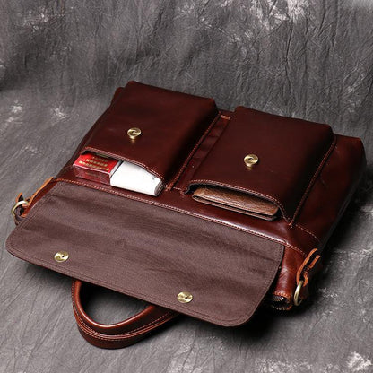 Red Brown Oily Leather Mens 14 inches Large Laptop Work Bag Handbag Briefcase Shoulder Bags Business Bags For Men