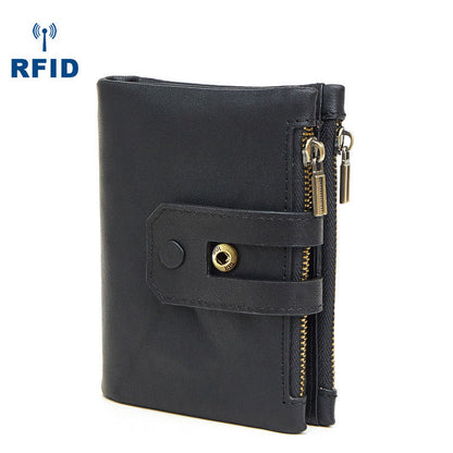 RFID 棕色皮革男士雙拉鍊小皮夾黑色皮夾男士皮夾