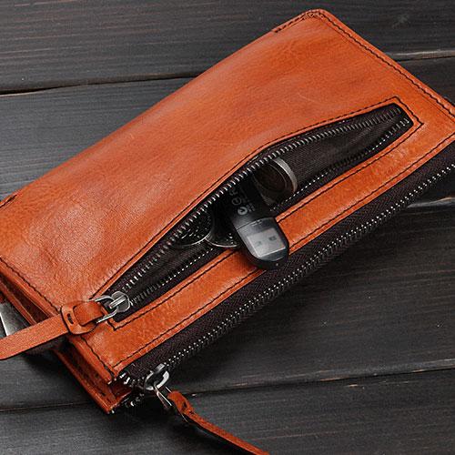 Handmade Leather Mens Cool Long Leather Wallet Zipper Clutch Wristlet Wallet for Men