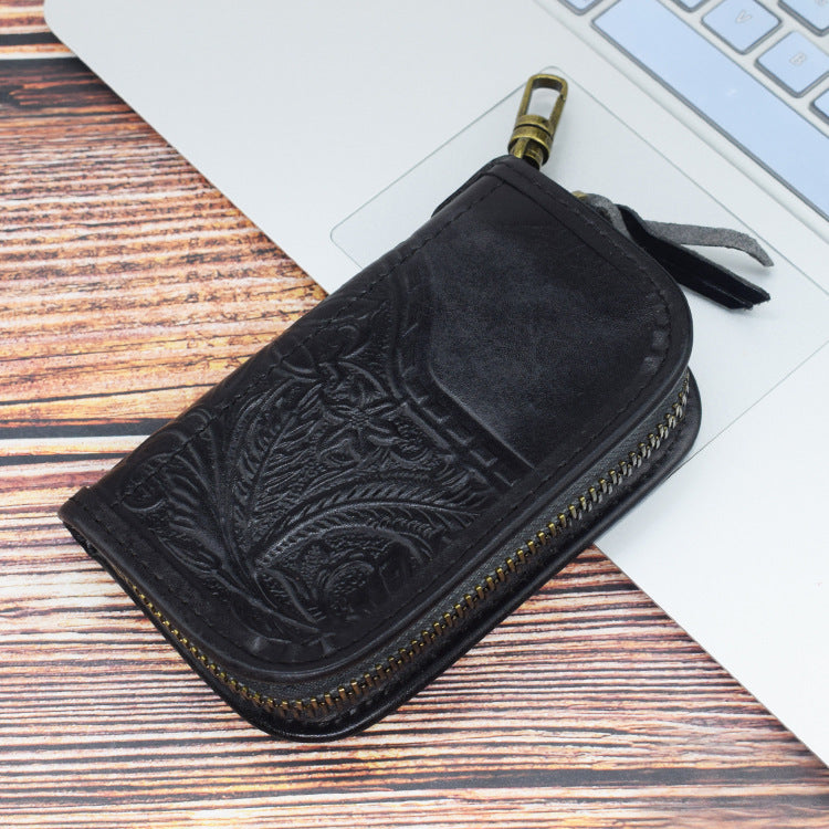 Vintage Embossed Brown Leather Men's Key Wallet Black Key Case Car Car Key Holder For Men