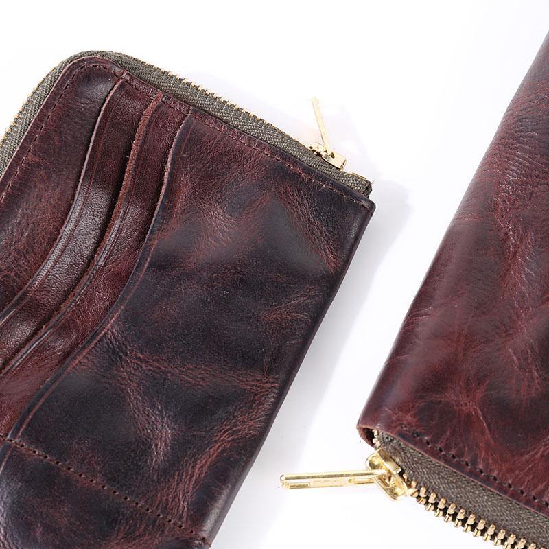 Cool Leather Mens Clutch Simple Brown Wallet Zipper Clutch Wristlet Phone Purse for Men