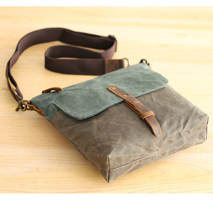 Wax Canvas Leather Mens Small Waterproof Vertical Green Side Bag Courier Bag Messenger Bag for Men