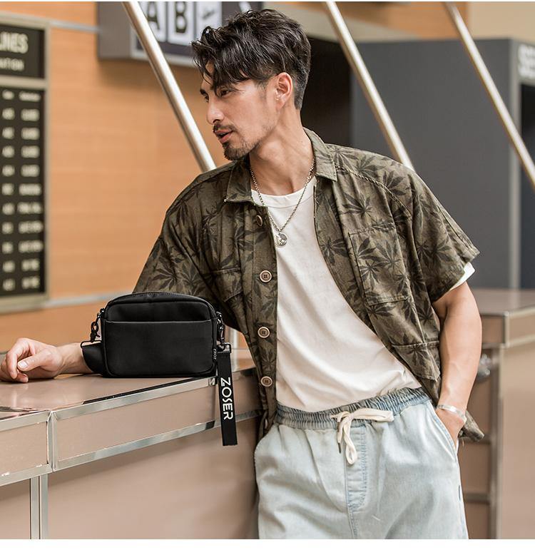 Casual Black Mens NYLON Mini Chest Bag Postman Bag Black Small Messenger Bags Side Bag for Men