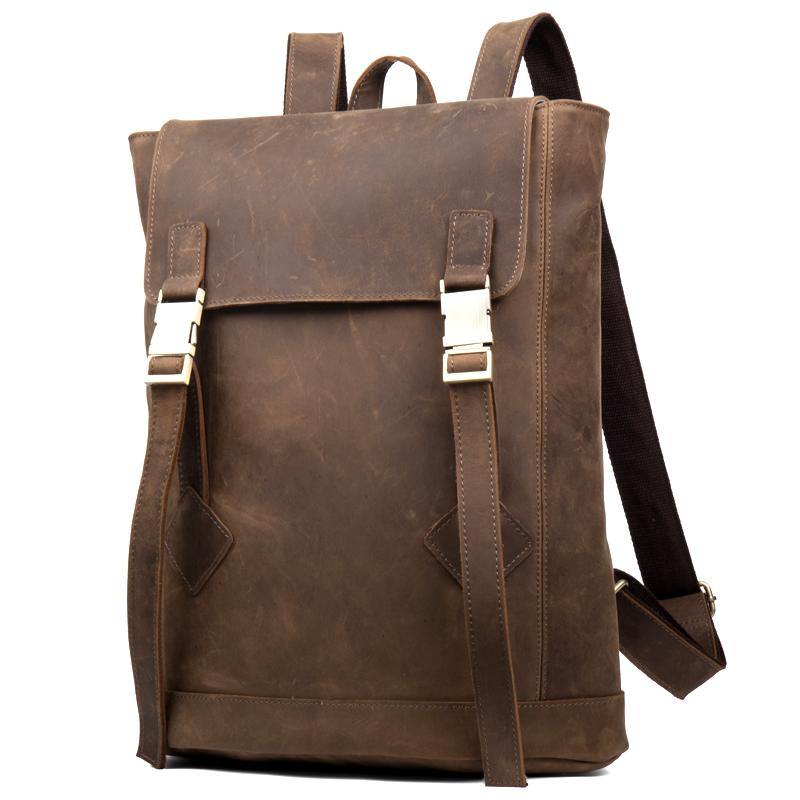 Casual Dark Brown Leather Mens 14 inches School Backpacks Satchel Backpack Computer Backpack for Men