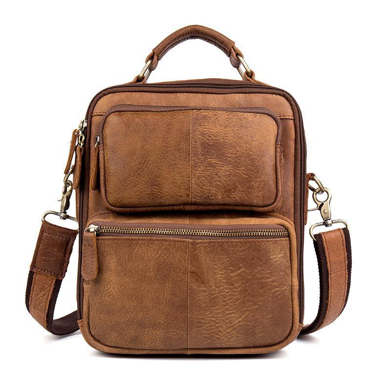 Brown Casual Leather 10 inches Vertical Side Bags Messenger Bag Courier Bag for Men