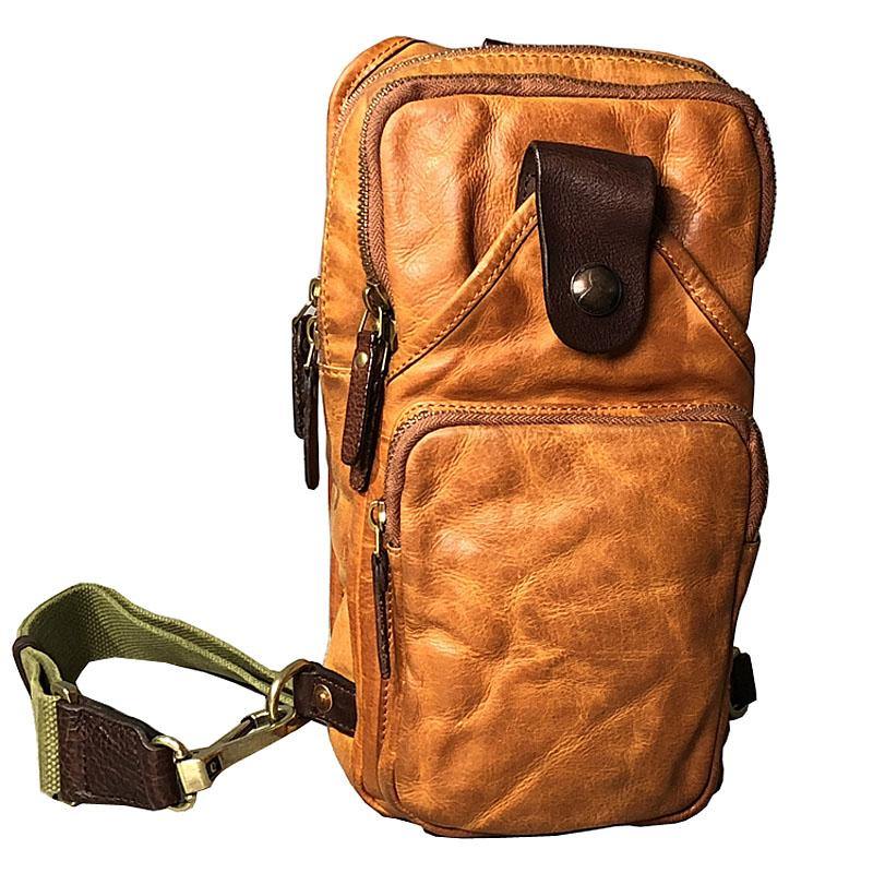 Vintage Black Leather Mens Cool Chest Bag Sling Bag Crossbody Pack Tan One Shoulder Backpack for men