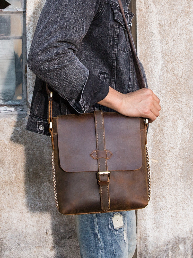 Dark Brown Casual Leather Mens 10 inches Vertical Side Bag Postman Bag Brown Messenger Bag Courier Bag for Men