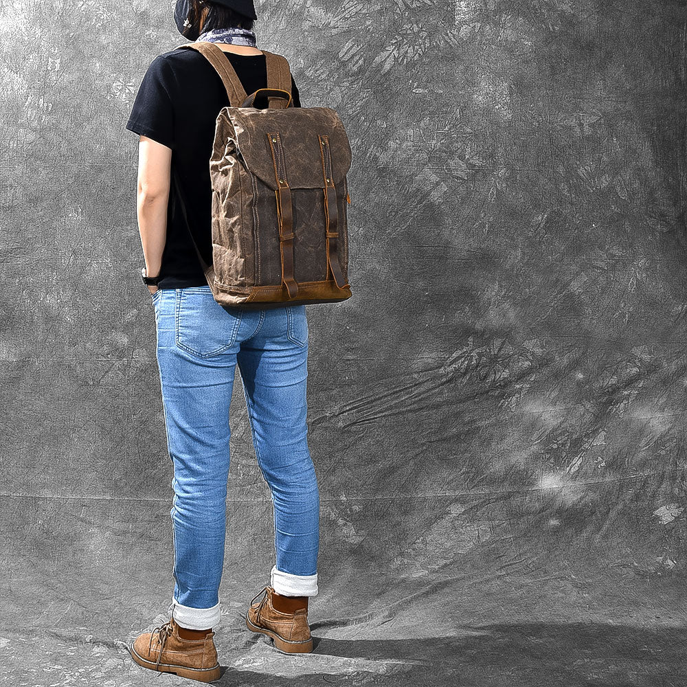 Waxed Canvas Leather Mens 15' Gray Computer Backpack Brown Travel Backpack College Backpack for Men