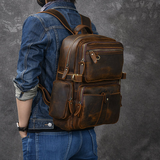 Brown Leather Mens 14' Laptop Hiking Backpack Travel Backpack College Backpack for Men