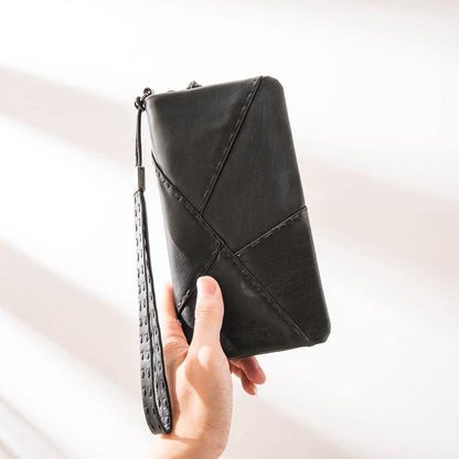 Cool Black Leather Mens Long Wallet Zipper Clutch Wallet Long Wallet Phone Bag Wristlet Wallet for Men