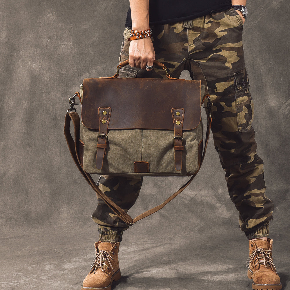 Canvas Leather Mens Womens Green Briefcase Side Bag Brown Messenger Bag Shoulder Bag For Men