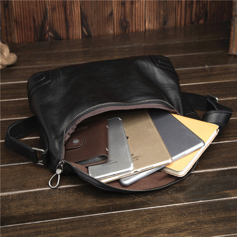 Cool Black Leather Men's Messenger Bag Black Side Bag Courier Bag For Men