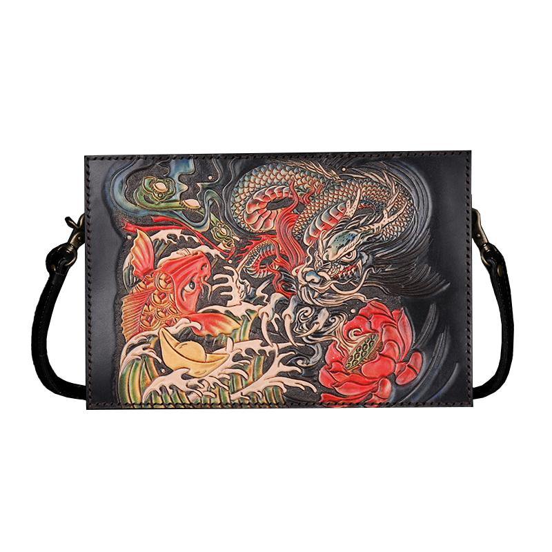 Handmade Black Tooled Dragon Carp Leather Clutch Wristlet Bag Messenger Bag Side Bag For Men