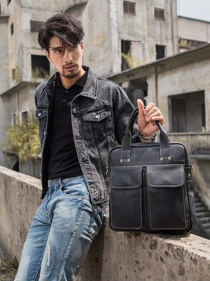 Black Casual Leather Mens 10 inches Vertical Briefcase Side Bags Postman Bag Black Work Bag Courier Bag for Men