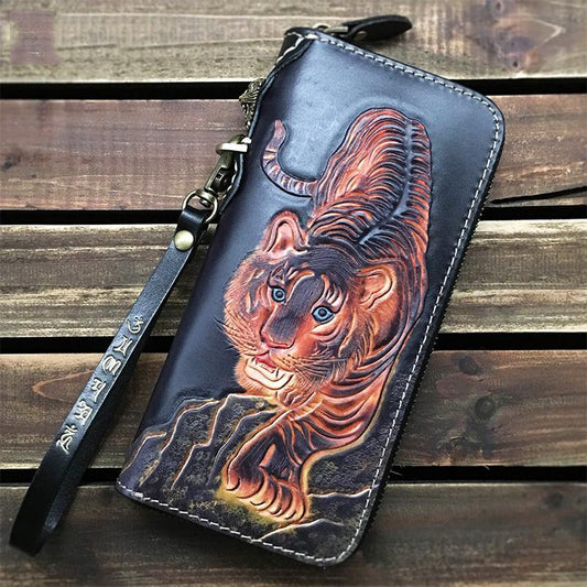 Black Handmade Tooled Tiger Leather Long Biker Wallet Chain Wallet Clutch Wallet For Men