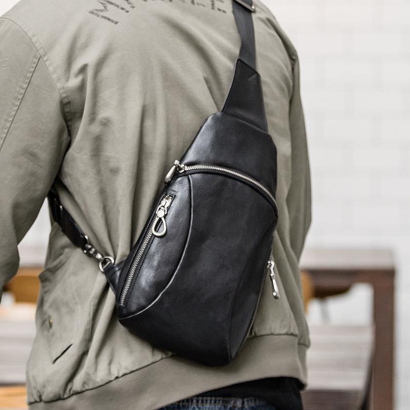 Cool Mens Black Leather Sling Bag Chest Bag Soft Black One Shoulder Backpack Sling Backpack for men