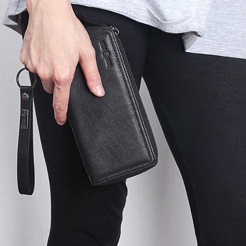 Genuine Leather Mens Cool Long Leather Wallet Zipper Clutch Wristlet Wallet for Men