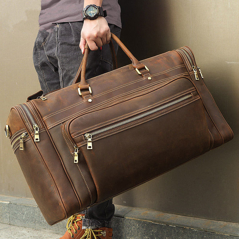 Vintage Large Leather Men's Overnight Bag Brown Travel Bag Weekender Bag For Men