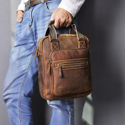 Vintage Brown Leather Mens Vertical Work Bag Handbag Vertical Briefcase Shoulder Bag For Men