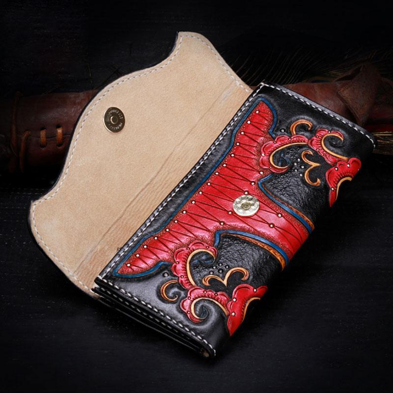 Handmade Leather Mens Womens Tooled Phoenix Clutch Wallet Cool Wallet Long Wallets for Men Women