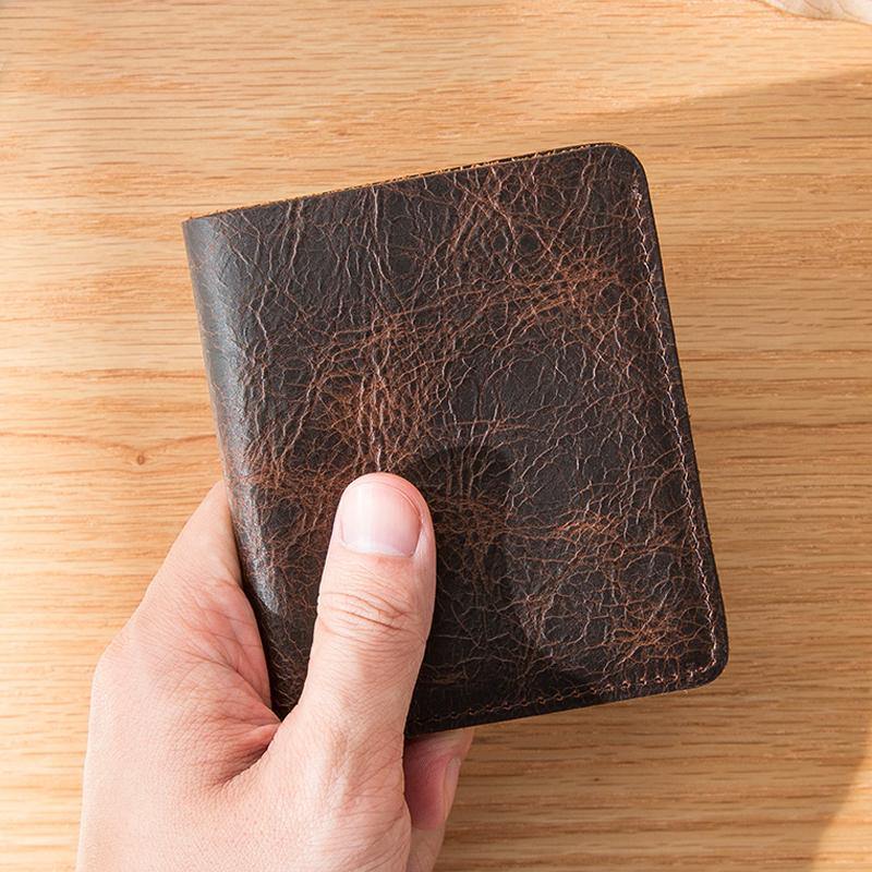 Dark Brown Leather Mens Small Wallets Bifold Vintage billfold Wallet Front Pocket Wallet for Men