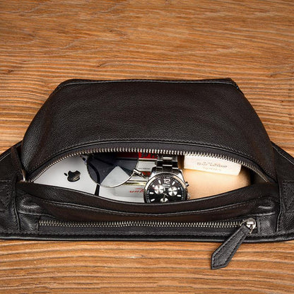 Cool Black Leather Fanny Pack Mens Waist Bag Hip Pack Black Belt Bags Bumbag for Men