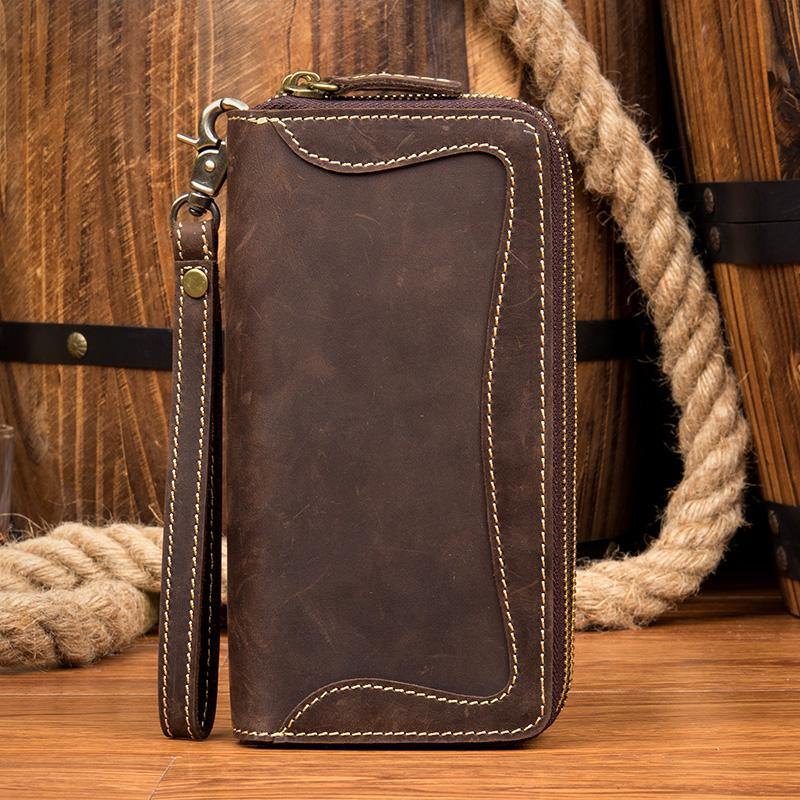 Cool Dark Brown Mens long Wallet Wristlet Wallet Clutch Wallet Yellow Brown Long Wallets for Men