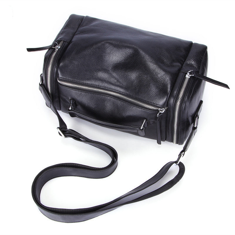 Fashion Black Leather Men's Small Barrel Side Bag Travel Bag Small Black Overnight Bag For Men