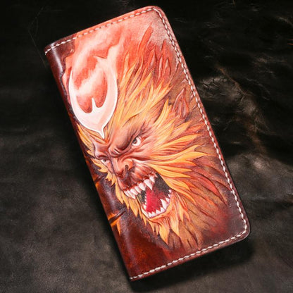 Handmade Leather Men Tooled Monkey King Cool Leather Wallet Long Phone Wallets for Men