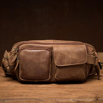 Cool Khaki Mens Leather Fanny Pack Mens Waist Bag Hip Pack Belt Bags Bumbag for Men