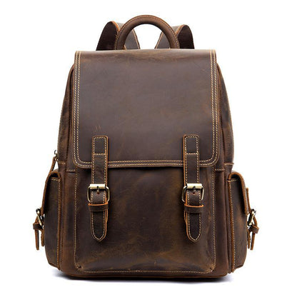 Casual Brown Mens Leather 14-inch Computer Backpacks Brown Travel Backpacks School Backpack for men