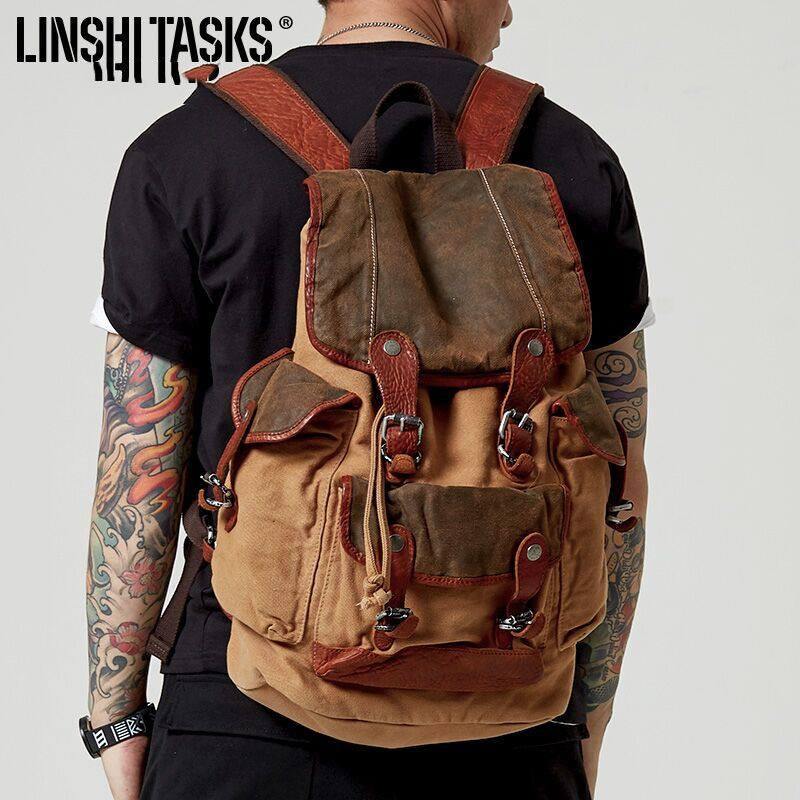 Khaki Canvas Leather Mens Large Backpack School Backpack Canvas Travel Backpack For Men