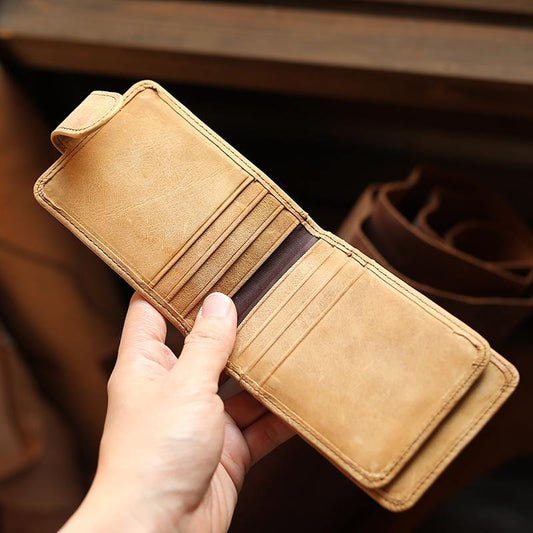 Cool Leather Mens Card billfold Wallet Trifold SMall Bifold License Wallet Camel Card Holders For Men