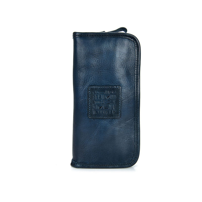 Vintage Mens Leather Long Zipper Wallets Blue Bifold Long Wallet Black Phone Wallet For Men