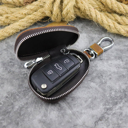 Brown Leather Men's Car Key and Oval Wallet Zipper Car Key Case Car Holder For Men