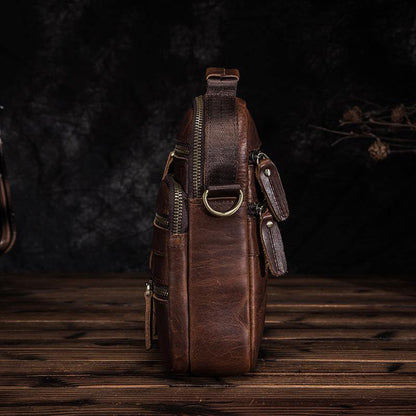 Leather Mens Small Vertical Courier Bag Shoulder Bag Side Bag Brown Courier Bag for Men