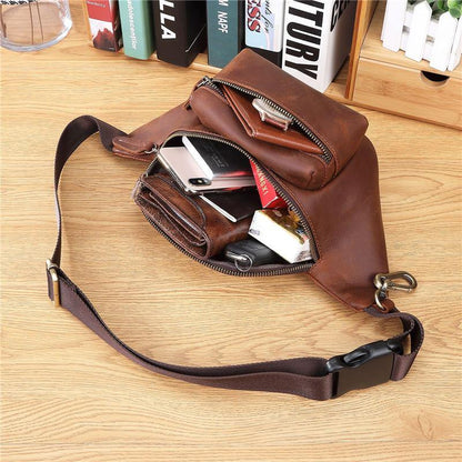 Mens Leather Fanny Packs Bum Bag Hip Pack Brown Leather Waist Bags for Men