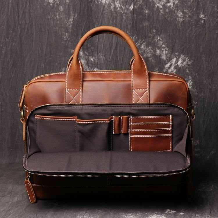 Brown Leather Men 14 inches Vintage Briefcase Handbag Dark Coffee Laptop Handbag Side Bag For Men