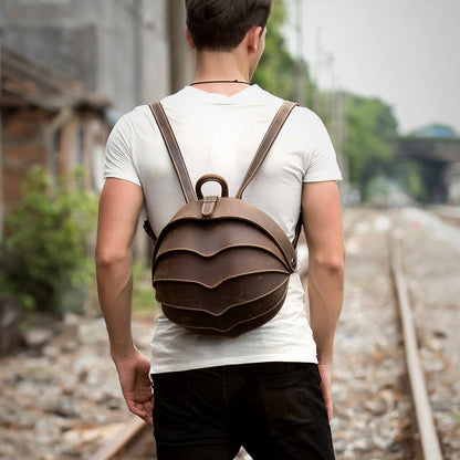 Dark Brown Unique Mens Leather 10-inch Small Backpacks Cool Beetle Backpacks Round Backpack for men